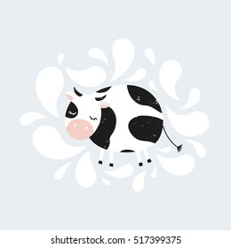 Vector cute cow with milk splashes clip art illustration