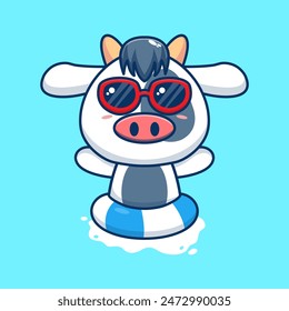 Vector cute cow in sunglasses floating with swimming. flat cartoon style