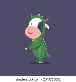 Vector cute cow wearing a dinosaur costume