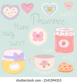Vector cute cozy illustration in Provence style - jars of jam, honey, a variety of handmade hearts made of fabric, buttons, ruffles, a napkin with a bow, a cup, cookies, inscriptions.