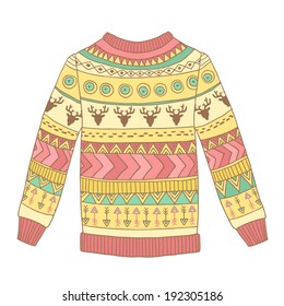 Vector cute cozy sweater with abstract ornaments, deer and arrows isolated on white