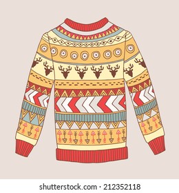 Vector cute cozy sweater with abstract ornaments, deer and arrows