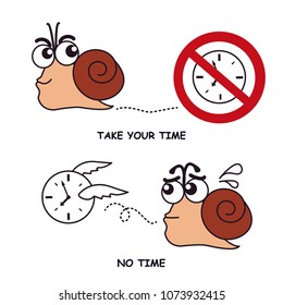 Vector of a cute crawling snail's interactions with a clock. Concept of  'lacking time' and 'having time'.