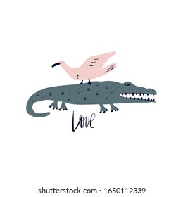 Vector cute crocodile and bird friendship concept. Wild safari African animals. Funny cartoon doodle characters in scandinavian style. Kids nursery art print