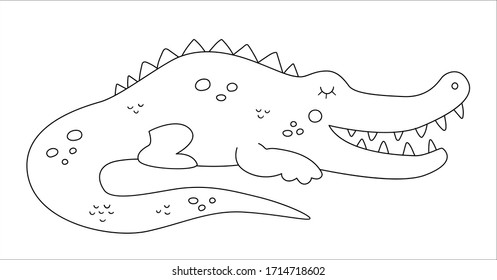 Vector cute crocodile outline. Funny tropical exotic animal black and white illustration. Fun coloring page for children. Jungle summer clip art