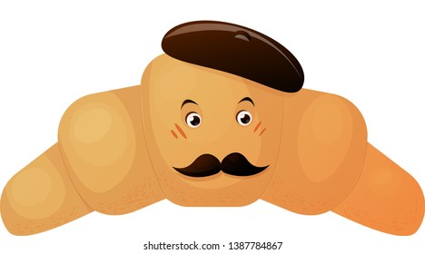 Vector cute croissant character isolated on white background. Funny character with eyes and mouth. Croissant smiling icon