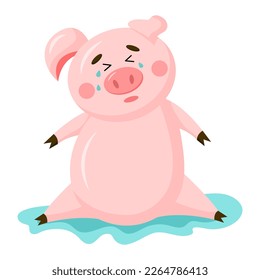 Vector cute cry pig cartoon character isolated on white background. Funny piggy illustration.