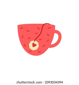 Vector cute cup with tea bag. Heart label. Cute mug.