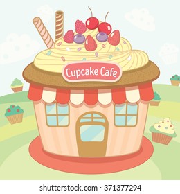 Vector cute the cupcake house cafe.