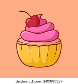 Vector cute Cupcake with pink filling and cherry illustration cartoon doodle flat colorful line art vector design isolated object icon