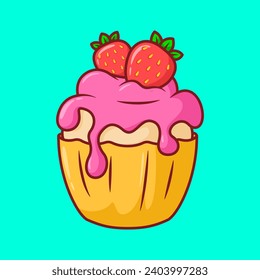 Vector cute Cupcake with pink icing and strawberries illustration cartoon doodle flat colorful line art vector design isolated object icon