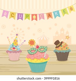 Vector cute cupcakes fantasy decoration with party flags for bakery cafe shop.
