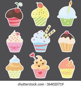 vector cute cupcakes set