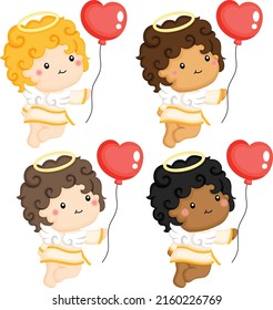 a vector of a cute cupid angel in multiple skin colors holding a balloon