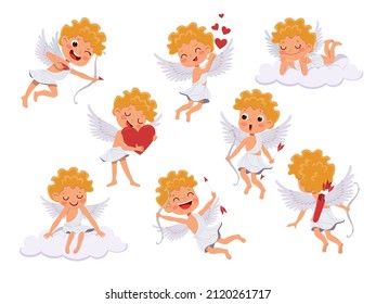 Vector cute cupid boy character cartoon set. Lovely teen boy with arrow and bow flying having fun. Amur symbol of wedding, love, valentines day happy, sad, lying at cloud with hearts, love arrow