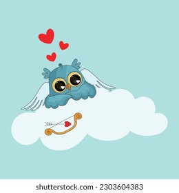 Vector cute cupid owl in love on a cloud with a bow and arrow in the shape of a heart. Valentines day. greeting card. Can be used on postcards, websites, web banners.