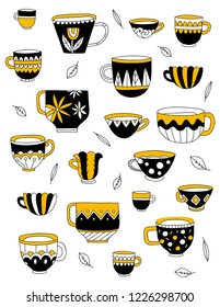 Vector cute cups. Black and yellow hand drawn illustration of decorative cups.
