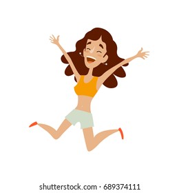 Vector cute dark-haired girl in shorts dancing. Flat cartoon illustration isolated on a white background. Female teenager in casual clothing having fun dancing, jumping and smiling cheerfully.
