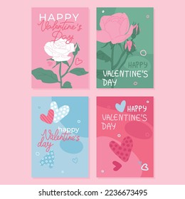 Vector cute Valentine’s day greeting cards. Hand drawn roses and hearts on pink, green and blue backgrounds.