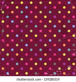 Vector cute decorative colorful dotted pattern over a grungy old worn purple paper