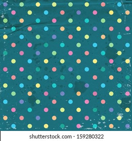 Vector cute decorative colorful dotted pattern over a grungy old worn teal paper