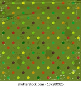 Vector cute decorative colorful dotted pattern over a grungy old worn green paper