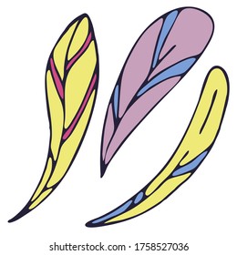 vectorial lindo plumas decorativas con contorno violeta estilo de dibujos animados amarillo, rosa, lila, elemento vector