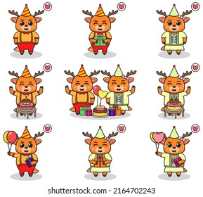 Vector of Cute Deer in Birthday Party. Set of cute little Deer characters. Collection of funny Deer isolated on a white background.