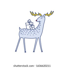 Vector Cute Deer Bringing Gifts, Happy Reindeer with Present Boxes on his Back Vector Illustration Isolated on White Background, Winter Holidays Christmas Clip Art