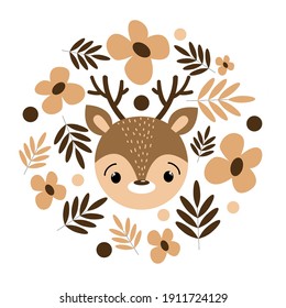 Vector cute deer cartoon head with flowers. woodland animals heads isolated on white. Forest critters graphic. Cartoon character faces deer