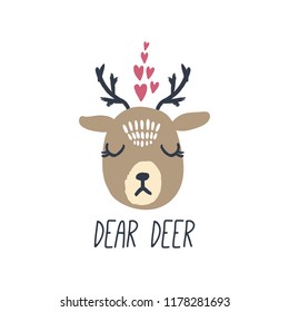 Vector cute deer girl face, scandinavian style. Nursery holiday illustration. It can be used for wall art, greeting card, poster, kids apparel