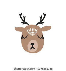 Vector cute deer girl face, scandinavian style. Nursery holiday illustration. It can be used for wall art, greeting card, poster, kids apparel