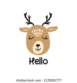 Vector cute deer girl face, scandinavian style. Nursery holiday illustration. It can be used for wall art, greeting card, poster, kids apparel