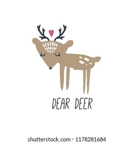 Vector cute deer girl, scandinavian style. Nursery holiday illustration. It can be used for wall art, greeting card, poster, kids apparel