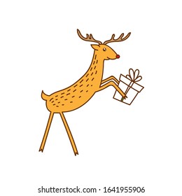 Vector Cute Deer Handling Gifts, Happy Brown Reindeer with Present Box Vector Illustration Isolated on White Background, Winter Holidays Christmas Clip Art