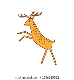 Vector Cute Deer Rearing Standing, Happy Brown Reindeer Vector Illustration Isolated on White Background, Winter Holidays Christmas Clip Art