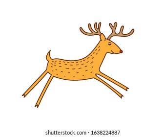 Vector Cute Deer Running, Happy Brown  Reindeer Vector Illustration Isolated on White Background, Winter Holidays Christmas Clip Art