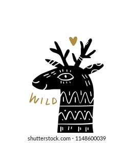 Vector cute deer. Scandinavian style monochrome art. Nursery print, poster, card, t-shirt and other.