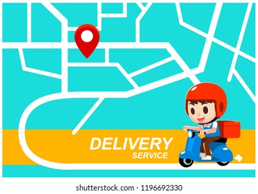 Vector cute delivery man riding scooter with GPS map graphic