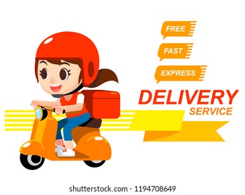 Vector cute delivery woman riding scooter with GPS map graphic