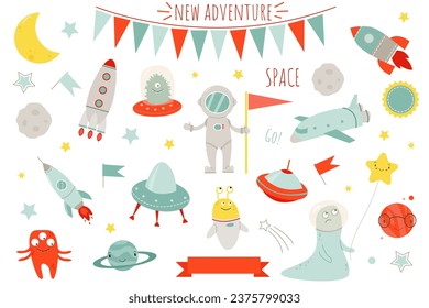 Vector cute design set with space rocket, stars and planets for babies