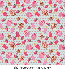  Vector Cute Dessert Pattern with hand-drawn  ice-creams and cup-cakes.
