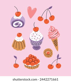 Vector lindo conjunto de postres. Pasteles estilizados, helado y cereza aislados sobre fondo rosa claro. Ilustración vectorial de frutas y panadería. Tarjeta ilustrada de postre en estilo dibujado a mano.