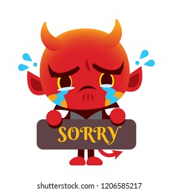 Vector cute devil character crying and holding SORRY sign isolated on white background.