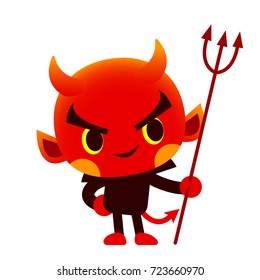 Vector cute devil character with trident isolated on white background.