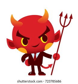 Vector cute devil, evil, satan character in black suit and red necktie holding trident isolated on white background.