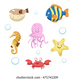 Vector cute different sea and ocean animals set. Isolated vector illustration. Colorful fish, seahorse, jellyfish, starfish, crab and blowfish.