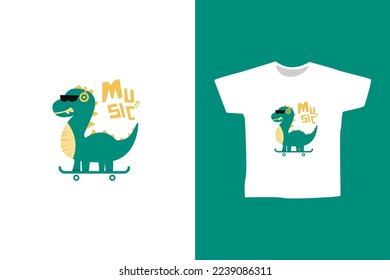 Vector cute dino listening music on skateboard for print or t shirt design