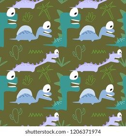 Vector cute dino seamless pattern. Hand drawn cartoon monster animal multicolor for fashion textile print.