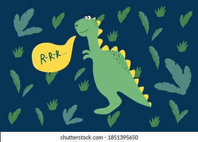 Vector cute Dinosaur in the forest. Illustration of a Dinosaur in a green natural environment. The texture of the forest with the wild animals. A hand-drawn pattern for children's fashion. Vector